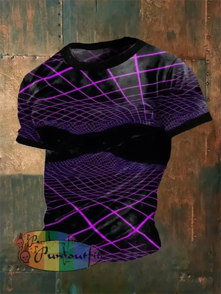 Men’s Retro Electronic Music Festival Glittering Techno Lines Abstract Print Casual Cotton Short Sleeve T-Shirt Purple