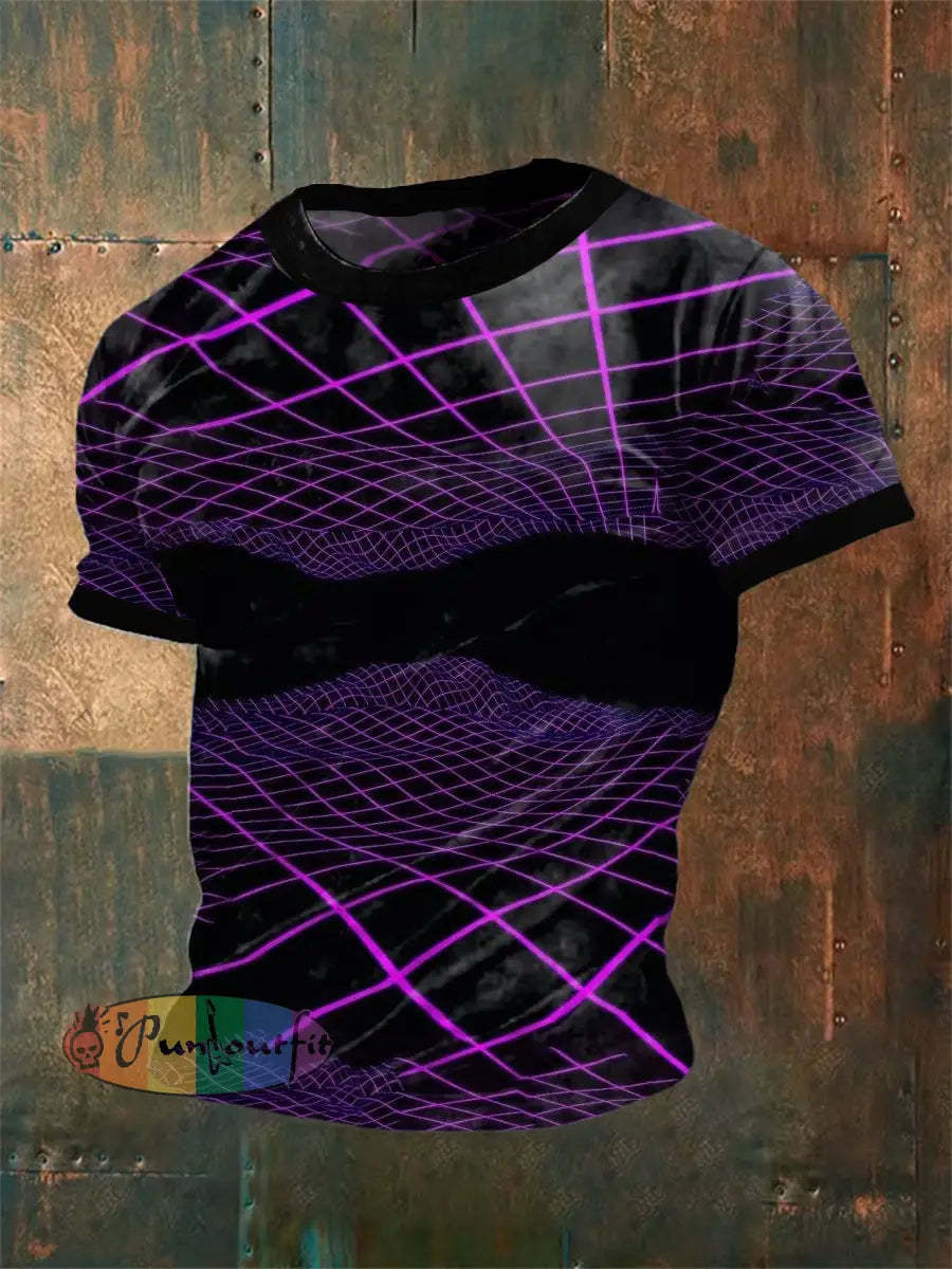 Men’s Retro Electronic Music Festival Glittering Techno Lines Abstract Print Casual Cotton Short Sleeve T-Shirt Purple