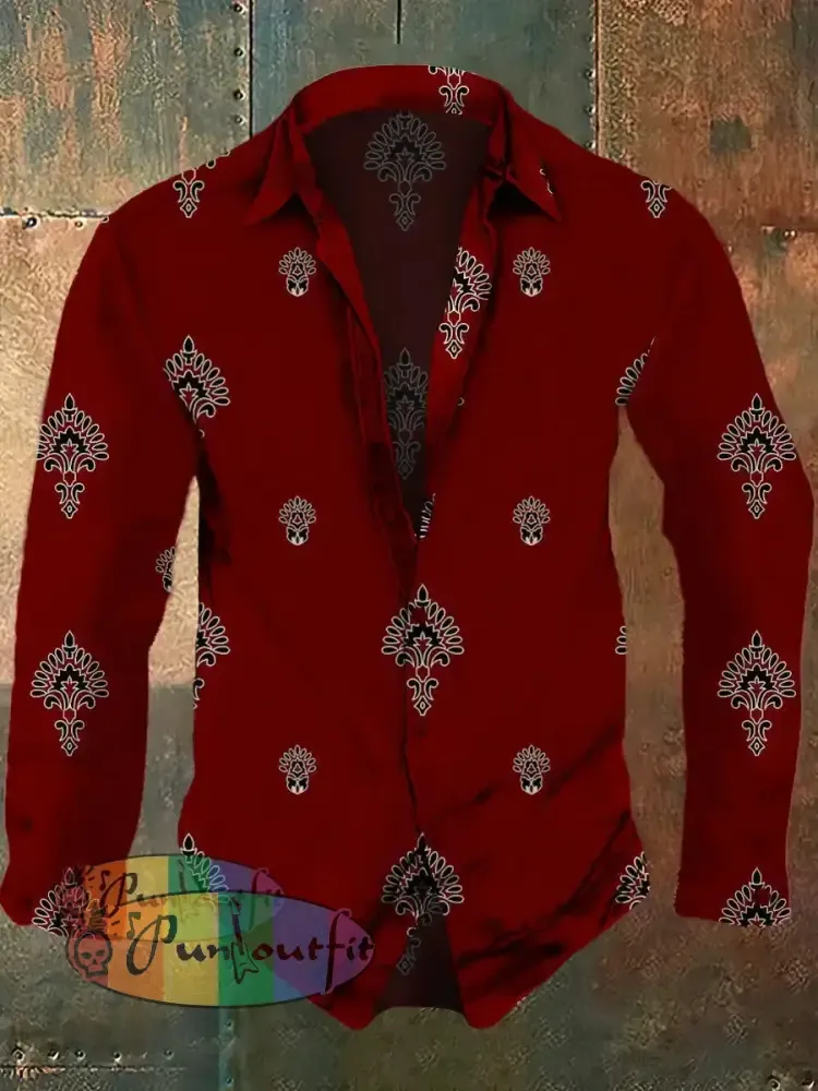 Men’s Retro Ethnic Pattern Printed Casual Fashion Lapel Long Sleeved Shirt Red / S