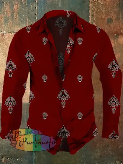 Men’s Retro Ethnic Pattern Printed Casual Fashion Lapel Long Sleeved Shirt Red / S