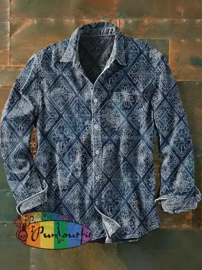 Men’s Retro Ethnic Printed Casual Long Sleeve Lapel Shirt As Picture / S