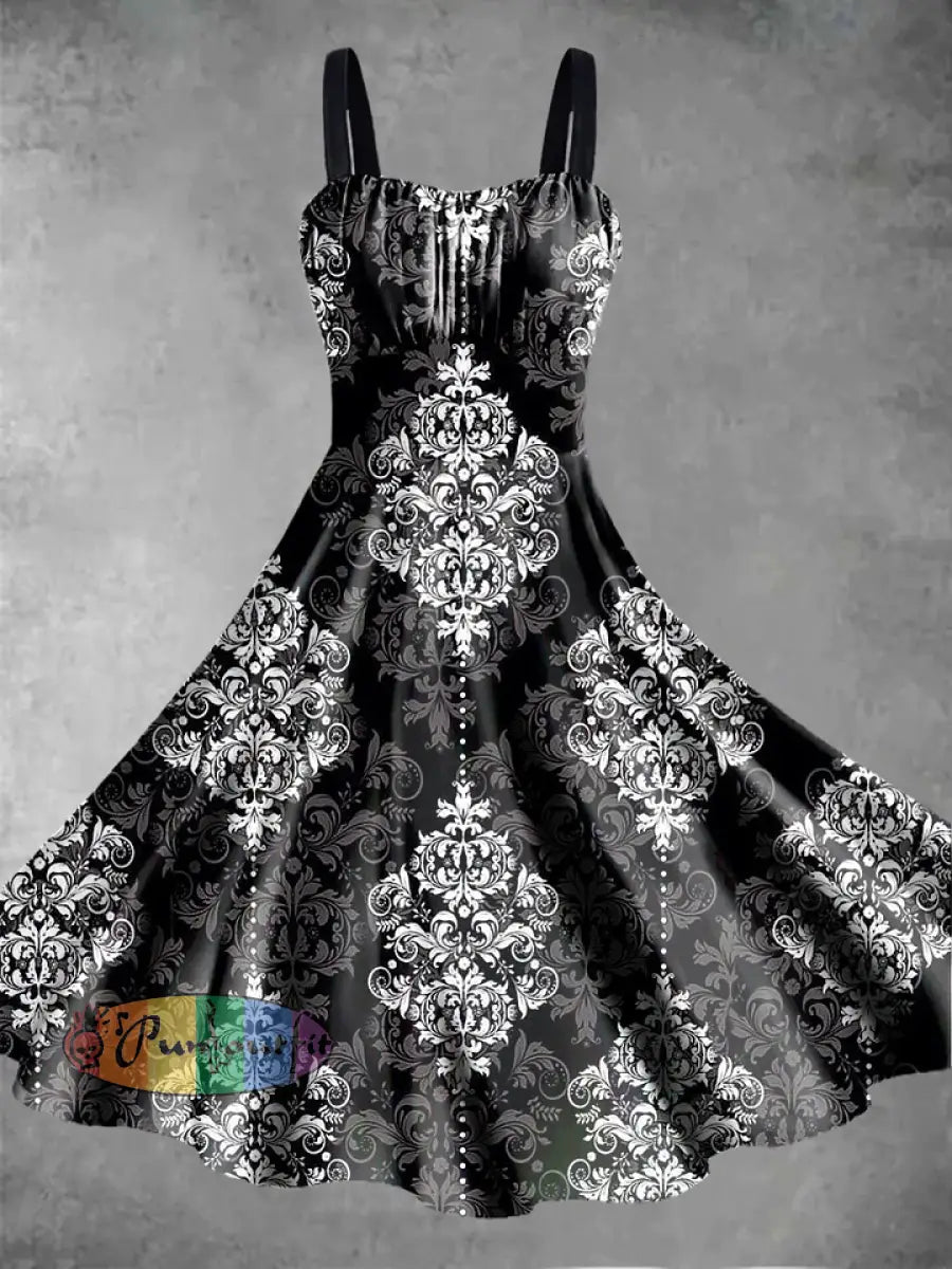 Men’s retro floral pattern design printed casual and fashionable lapel long sleeved shirt Dress / S