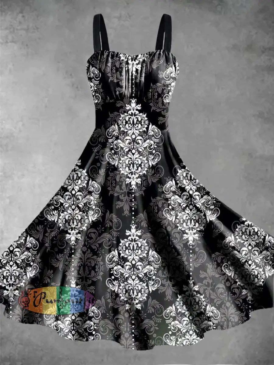 Men’s retro floral pattern design printed casual and fashionable lapel long sleeved shirt Dress / S