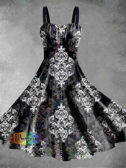 Men’s retro floral pattern design printed casual and fashionable lapel long sleeved shirt Dress / S