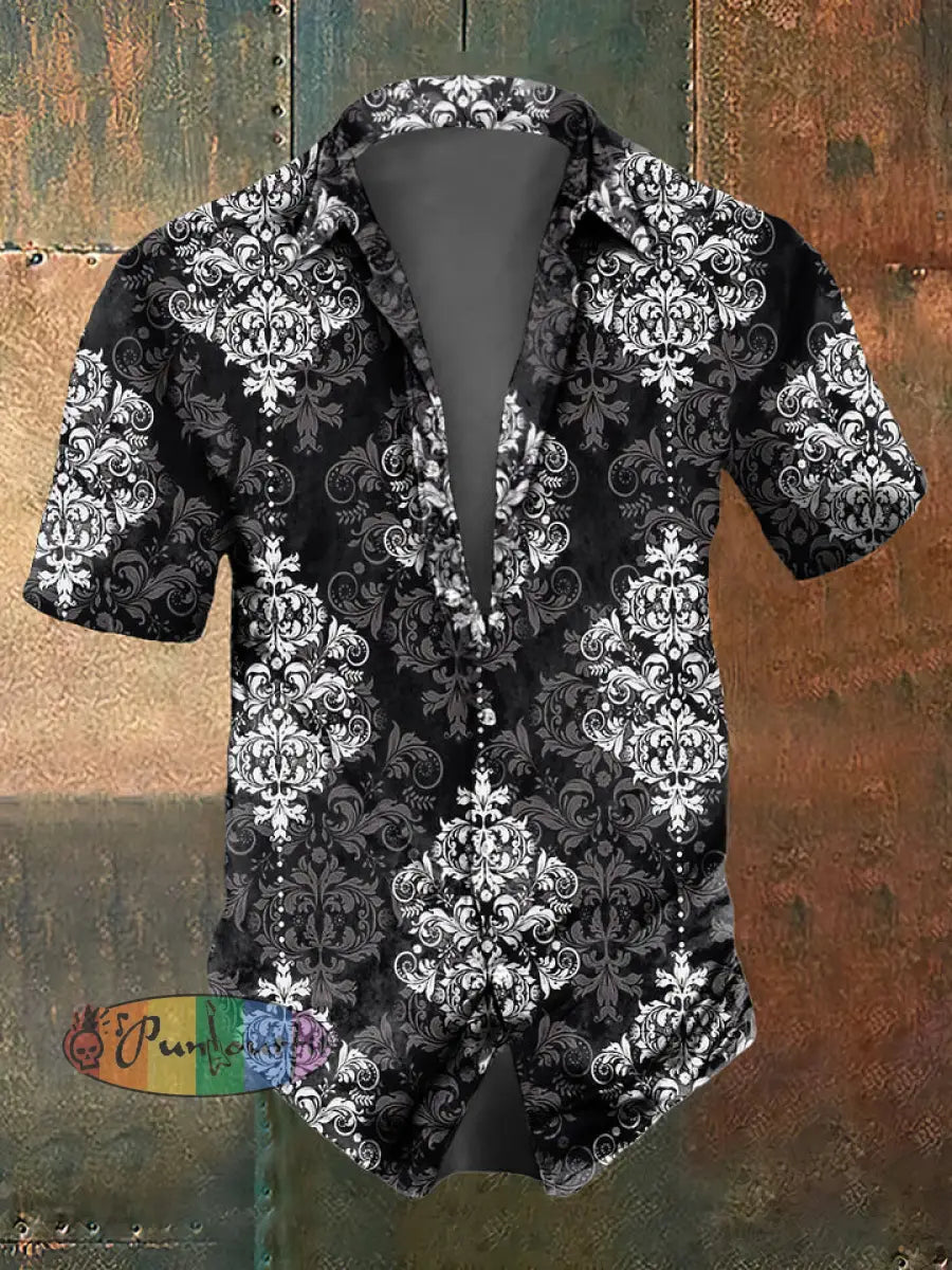 Men’s retro floral pattern design printed casual and fashionable lapel long sleeved shirt Short Sleeve Shirt / S