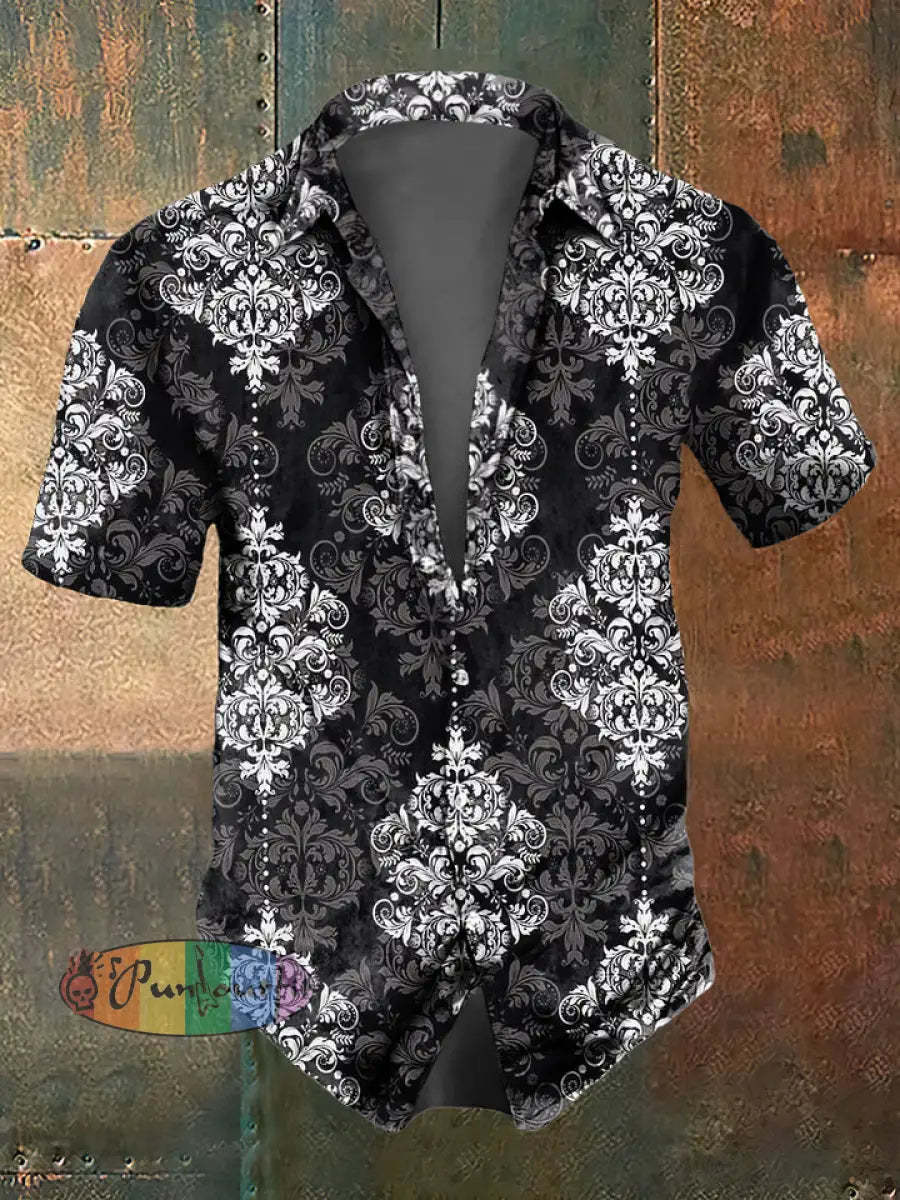 Men’s retro floral pattern design printed casual and fashionable lapel long sleeved shirt Short Sleeve Shirt / S