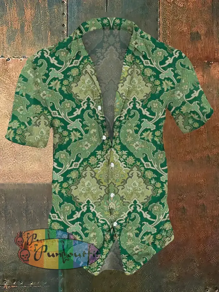 Men’s Retro Floral Print Casual Beach Short Sleeve Shirt Green / S