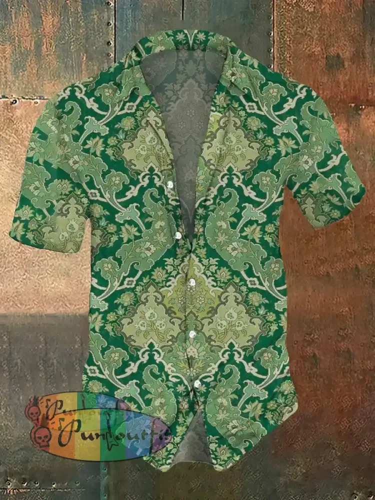 Men’s Retro Floral Print Casual Beach Short Sleeve Shirt Green / S