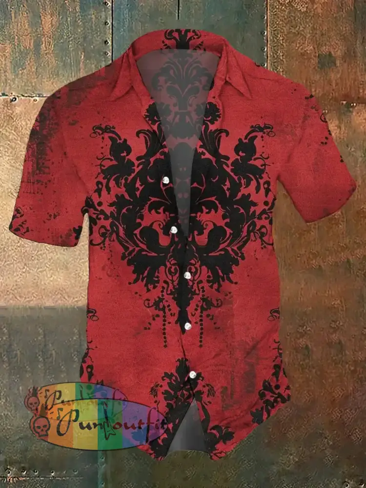 Men’s Retro Floral Print Casual Beach Short Sleeve Shirt Red / S