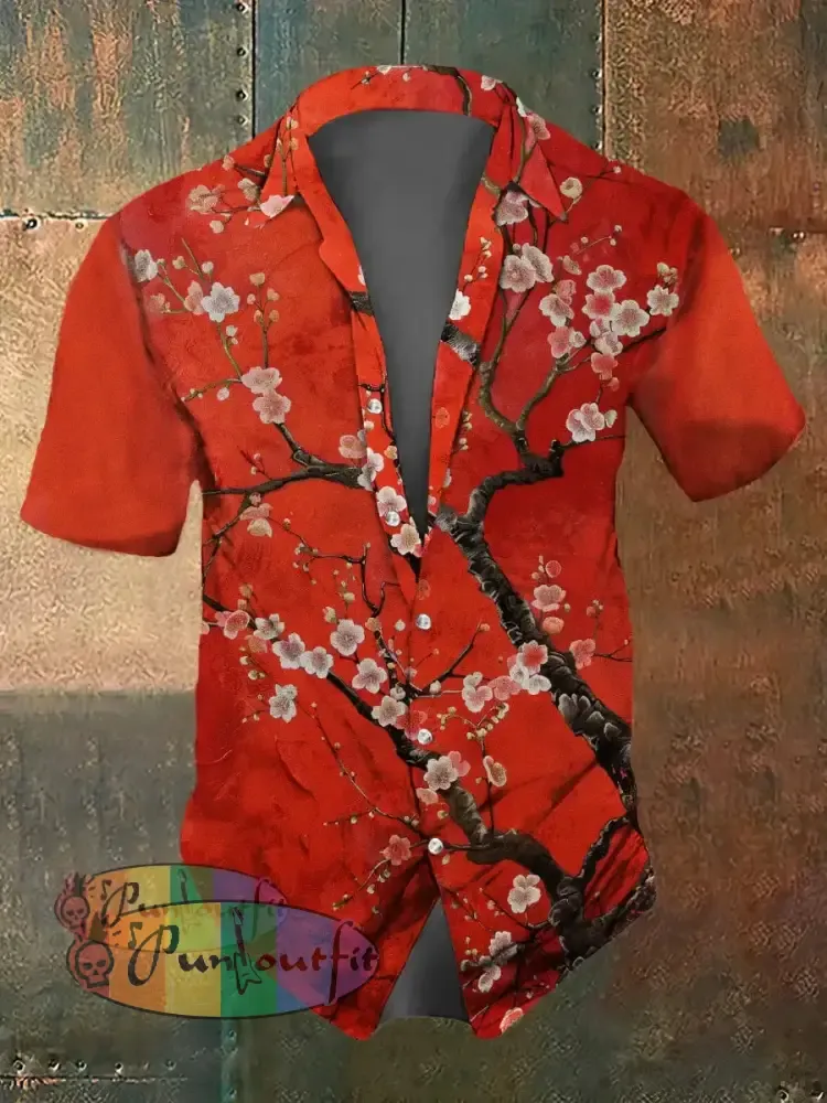 Men’s Retro Floral Print Casual Shirt Red / S