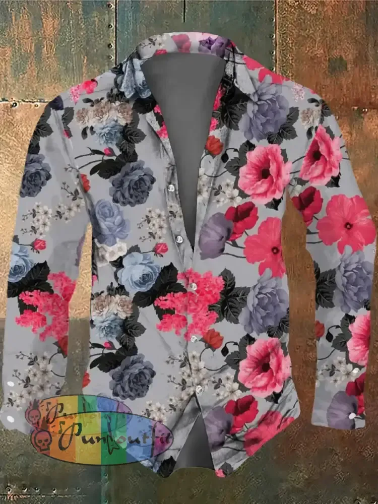 Men’s Retro Floral Print Casual Vintage Long Sleeve Shirt Colorful / S