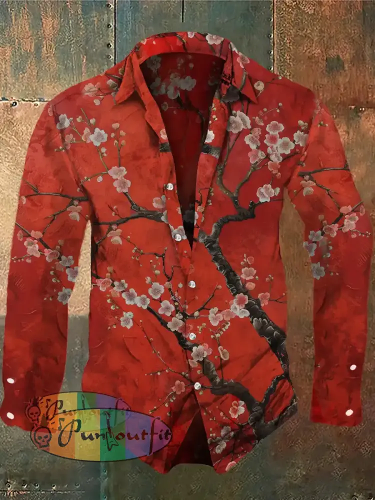 Men’s Retro Floral Print Long Sleeve Shirt Red / S
