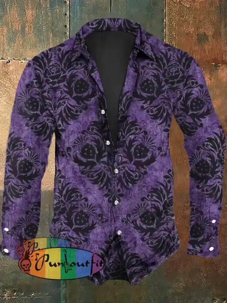 Men’s Retro Graphic Print Casual Shirt Long Sleeve Purple / S