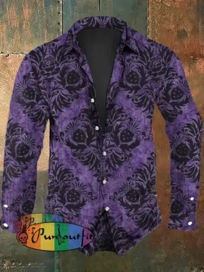 Men’s Retro Graphic Print Casual Shirt Long Sleeve Purple / S