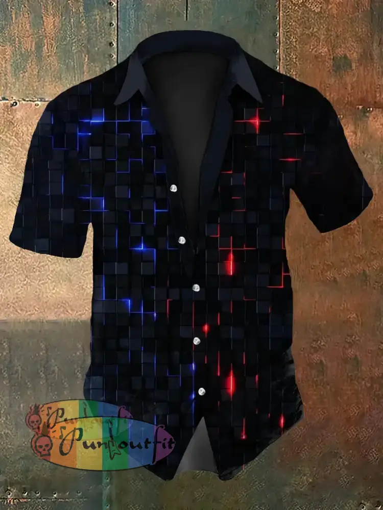 Men’s Retro Music Festival Colourful Techno Colour Block Abstract Print Casual Cotton Short Sleeve Shirt As picture / S