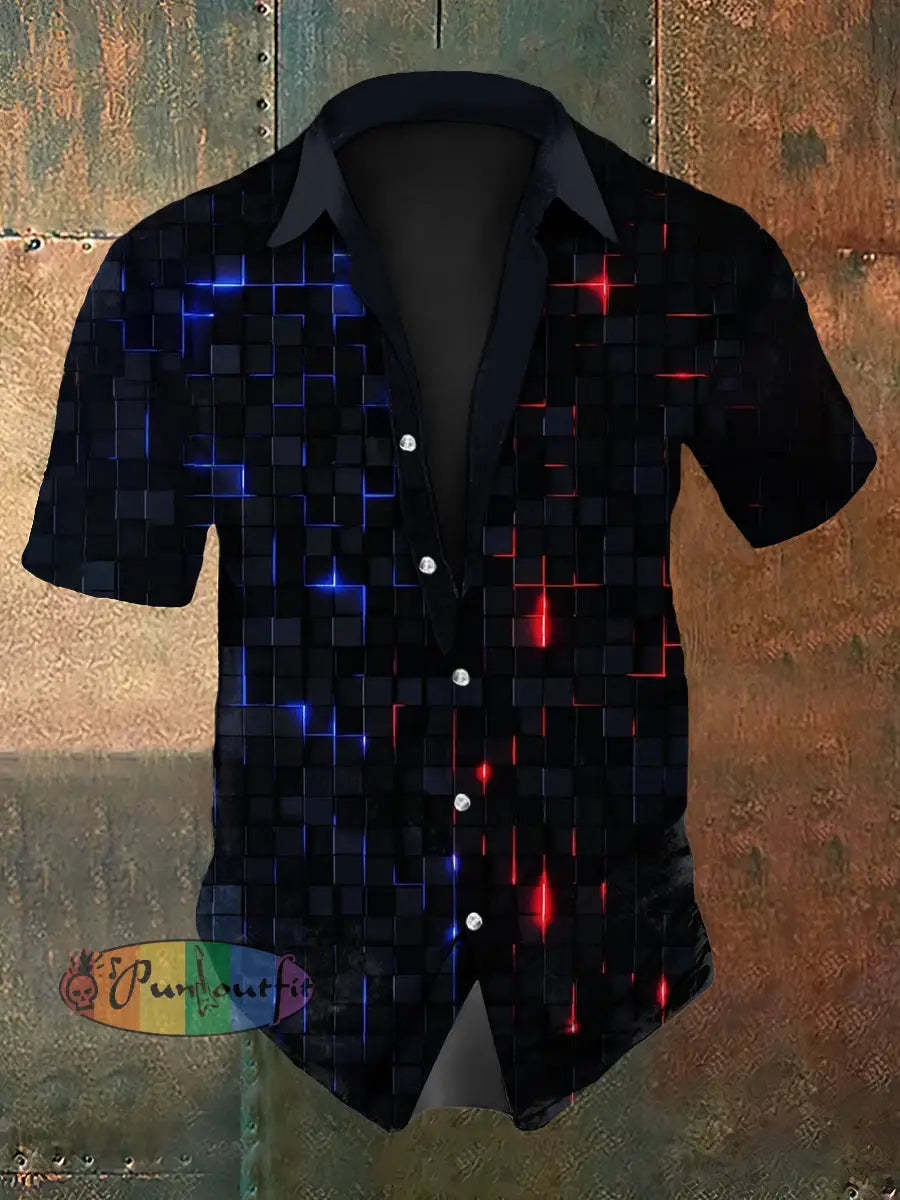 Men’s Retro Music Festival Colourful Techno Colour Block Abstract Print Casual Cotton Short Sleeve Shirt As picture / S