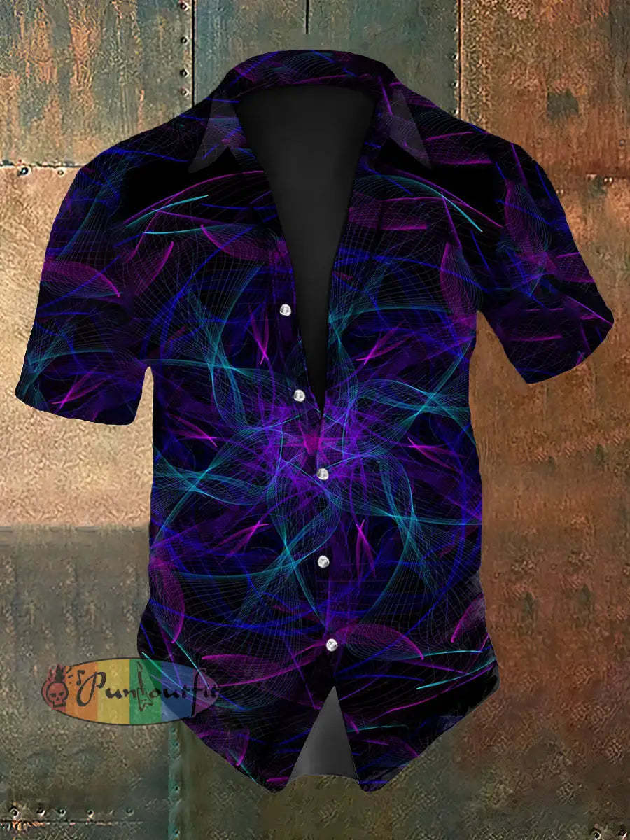 Men’s Retro Music Festival Colourful Techno Lines Abstract Print Casual Cotton Short Sleeve Shirt Purple / S