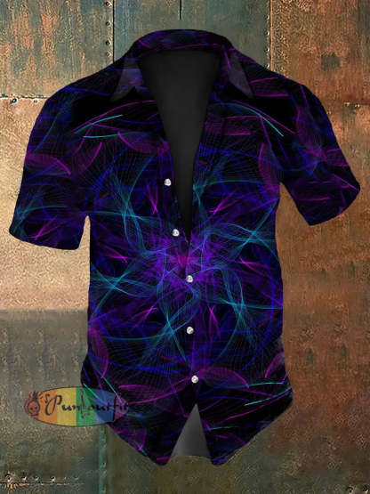 Men’s Retro Music Festival Colourful Techno Lines Abstract Print Casual Cotton Short Sleeve Shirt Purple / S