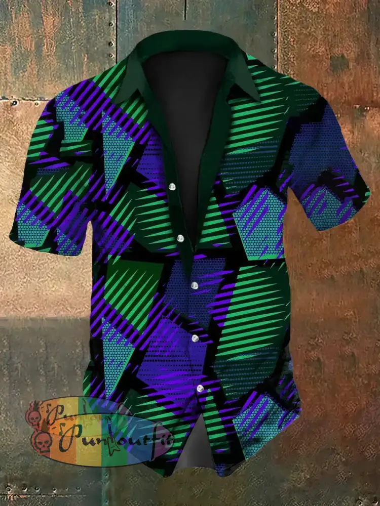 Men’s Retro Music Festival Multi Colour Block Abstract Print Casual Cotton Short Sleeve Shirt As picture / S
