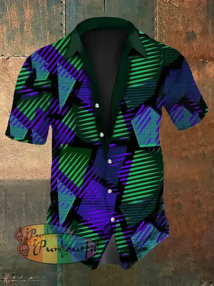Men’s Retro Music Festival Multi Colour Block Abstract Print Casual Cotton Short Sleeve Shirt As picture / S