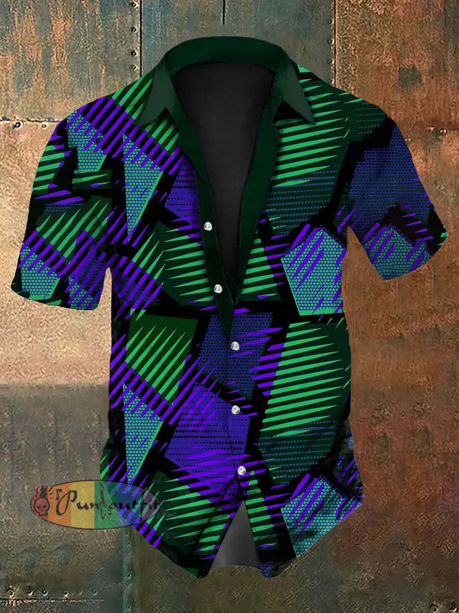 Men’s Retro Music Festival Multi Colour Block Abstract Print Casual Cotton Short Sleeve Shirt As picture / S