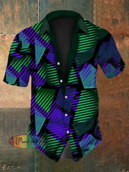 Men’s Retro Music Festival Multi Colour Block Abstract Print Casual Cotton Short Sleeve Shirt As picture / S