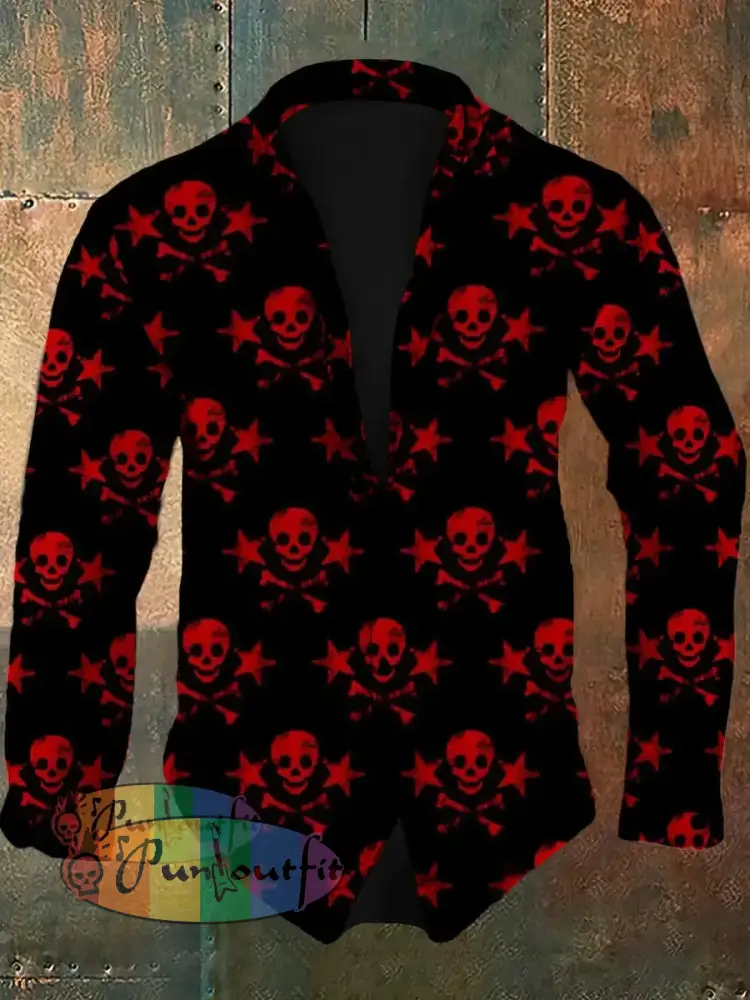 Men’s Retro Skull Pattern Design Printed Casual And Fashionable Lapel Long Sleeved Shirt Black / S