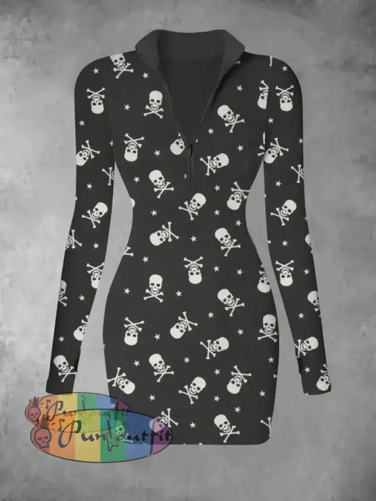 Men’s Retro Skull Print Casual Fashion Lapel Long Sleeved Shirt Dress-2 / S