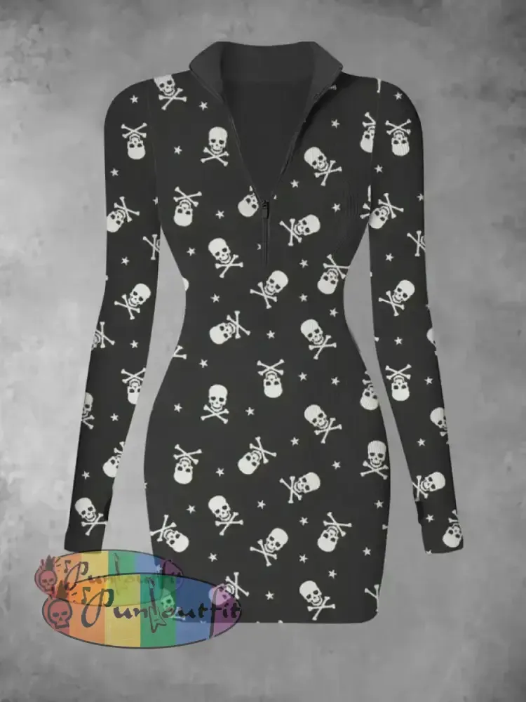 Men’s Retro Skull Print Casual Fashion Lapel Long Sleeved Shirt Dress-2 / S