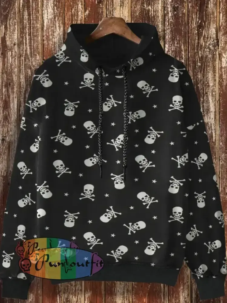 Men’s Retro Skull Print Casual Fashion Lapel Long Sleeved Shirt Hooded Sweatshirt / S