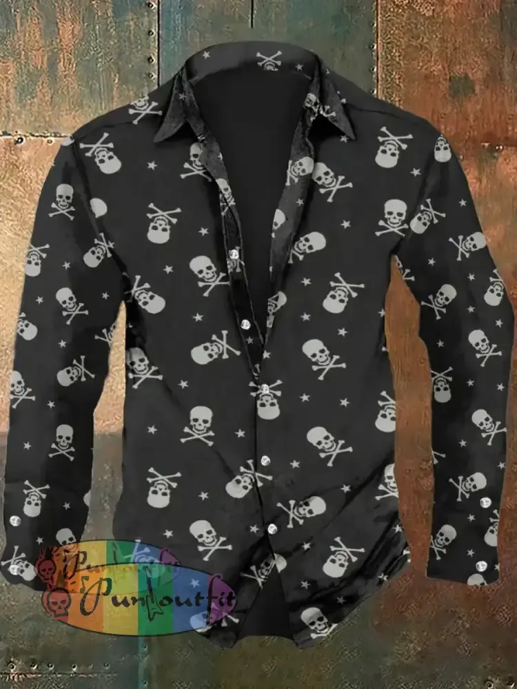 Men’s Retro Skull Print Casual Fashion Lapel Long Sleeved Shirt Long Sleeved Shirt / S