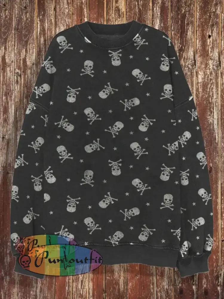 Men’s Retro Skull Print Casual Fashion Lapel Long Sleeved Shirt Sweatshirt / S