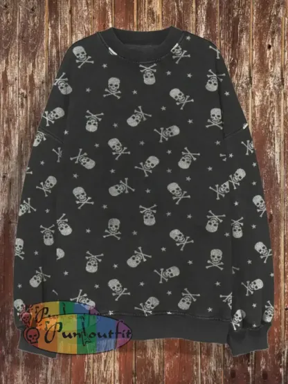 Men’s Retro Skull Print Casual Fashion Lapel Long Sleeved Shirt Sweatshirt / S