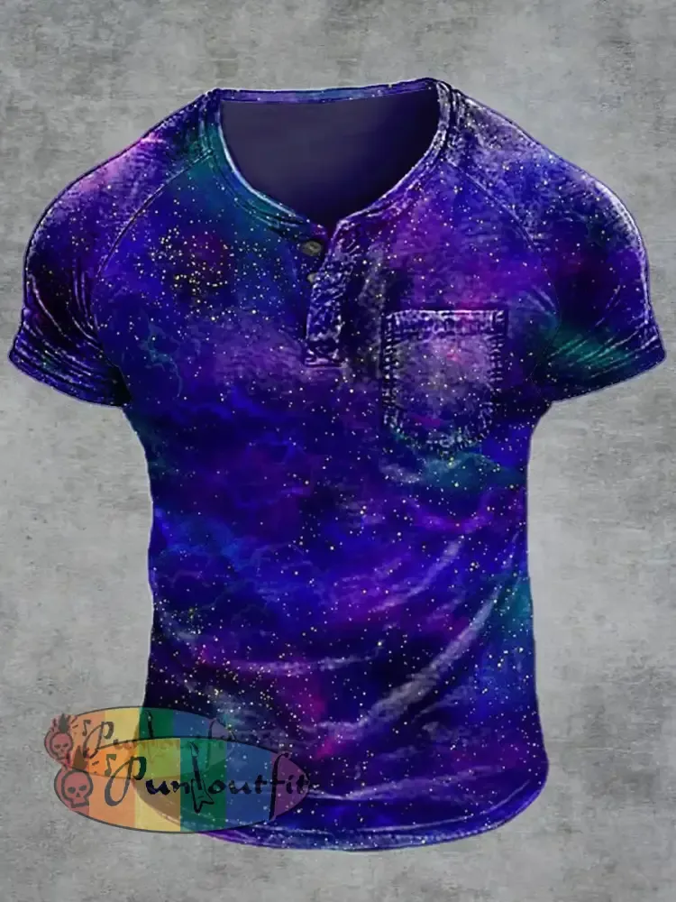 Men’s Retro Starlit Sky Print Raglan Short Sleeve Pocket T-Shirt Purple / S