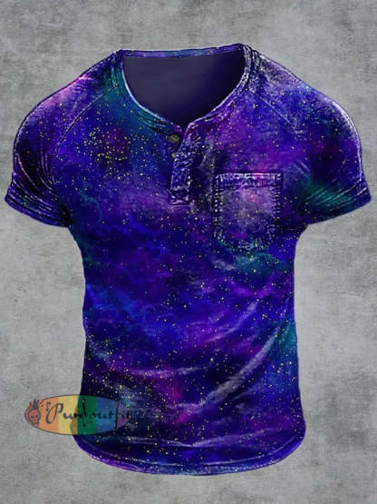 Men’s Retro Starlit Sky Print Raglan Short Sleeve Pocket T-Shirt Purple / S