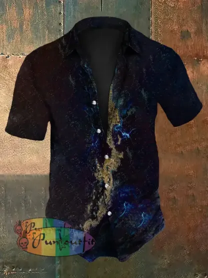 Men’s Retro Vintage Ripple Stamping Abstract Print Short-Sleeve Shirt Navy Blue / S