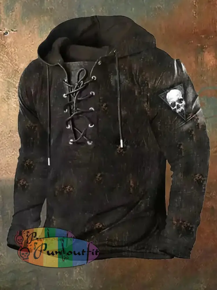 Men’s Retro Western Contrast Patchwork Lace-Up Sweatshirt Black / S Hoodies&Sweatshirts