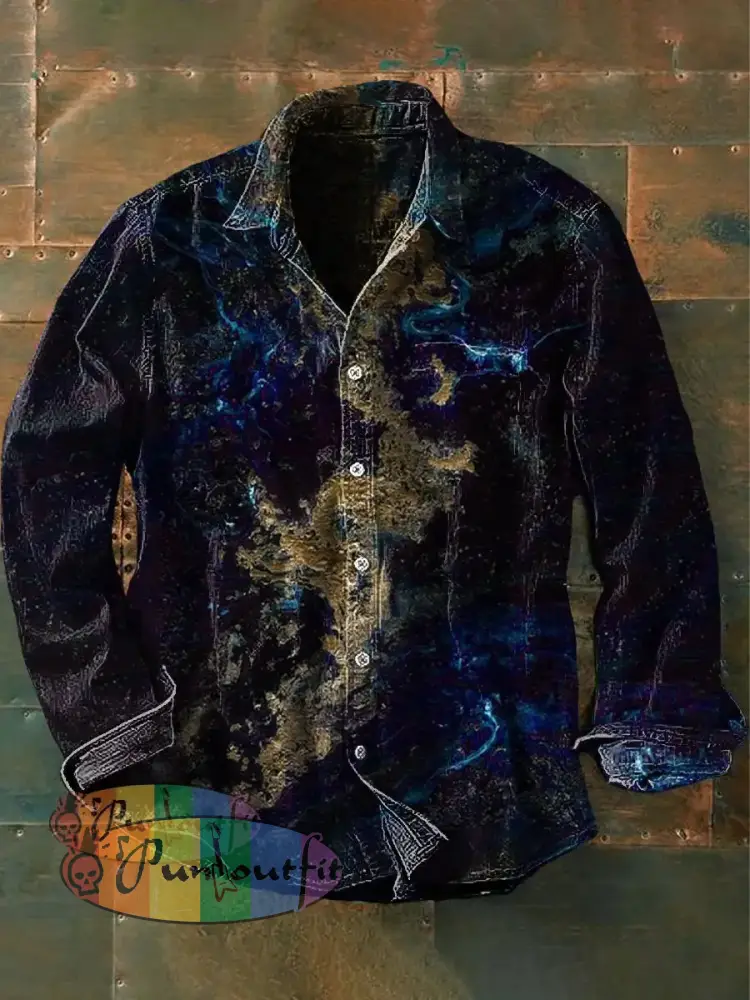 Men’s Vintage Abstract Art Ripple Print Casual Long Sleeve Shirt Long-Sleeve Shirt-1 / S