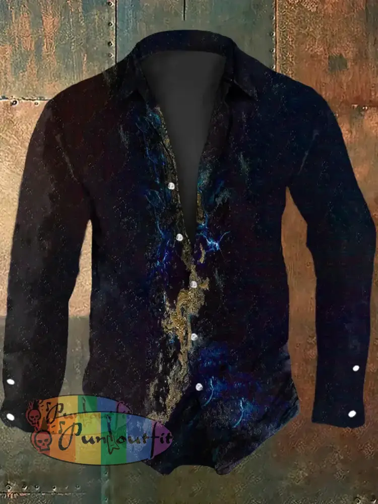 Men’s Vintage Abstract Art Ripple Print Casual Long Sleeve Shirt Long-Sleeve Shirt-2 / S