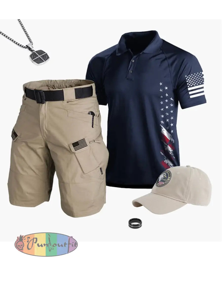 Men’s Vintage American Flag Independence Day Color Block Polo Shirt Polo