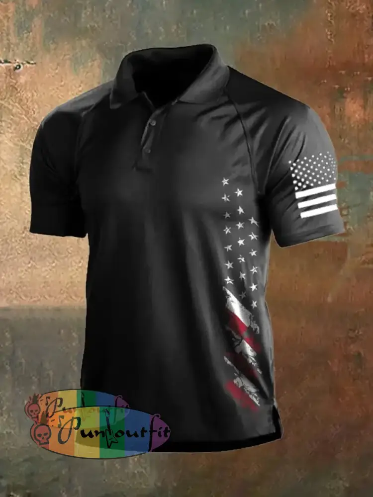Men’s Vintage American Flag Independence Day Color Block Polo Shirt Black / S Polo