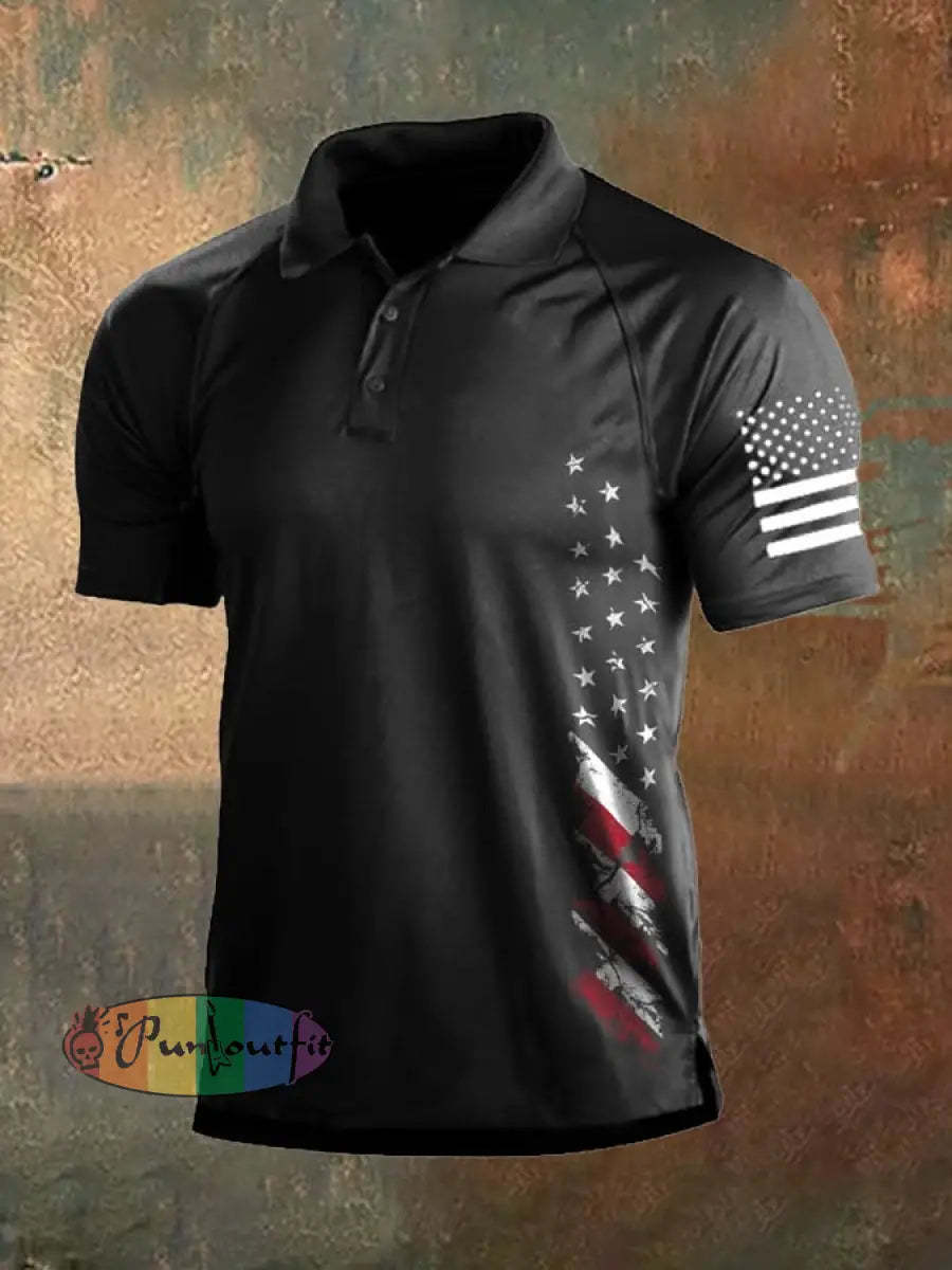 Men’s Vintage American Flag Independence Day Color Block Polo Shirt Black / S Polo