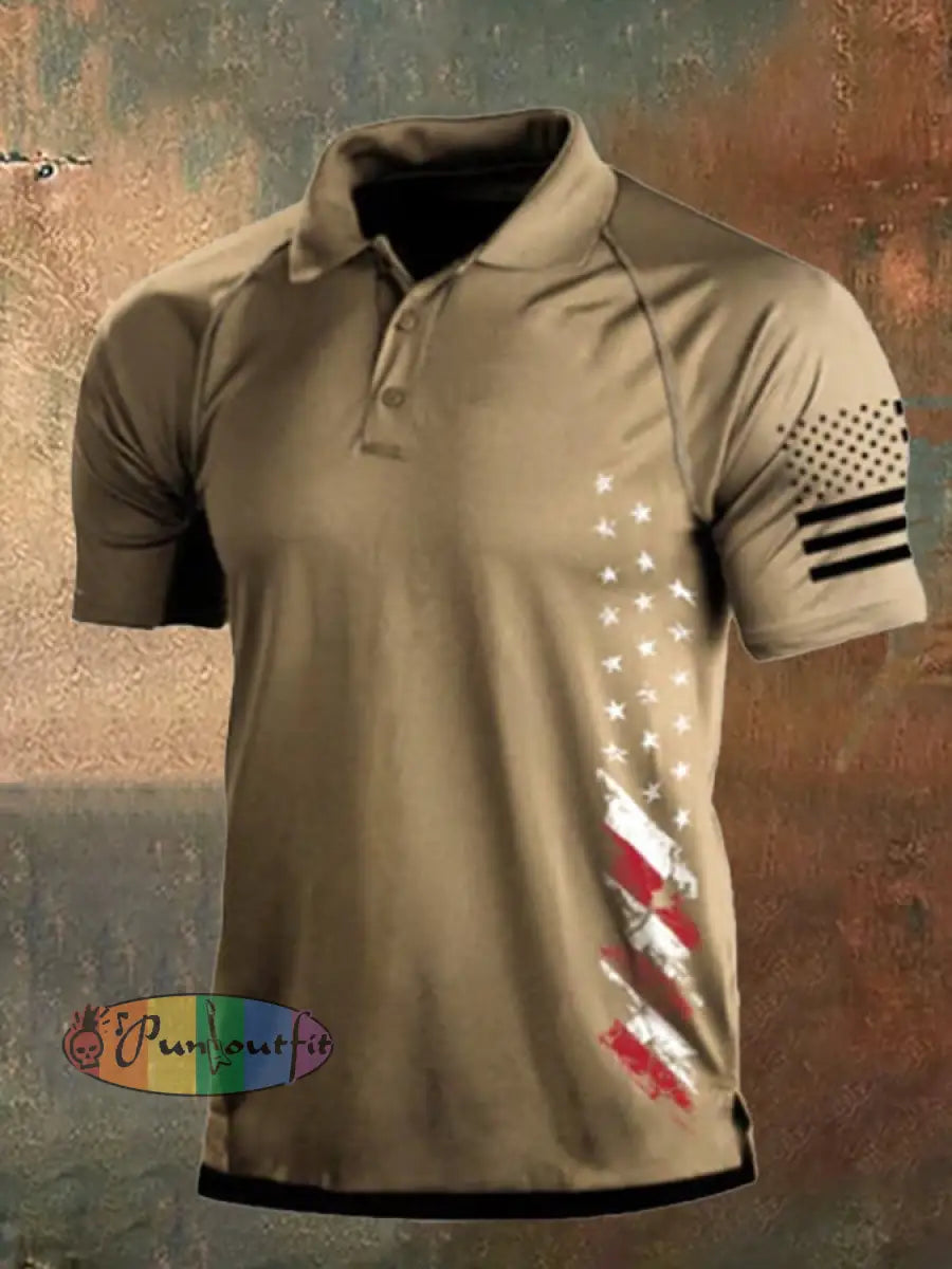 Men’s Vintage American Flag Independence Day Color Block Polo Shirt Khaki / S Polo