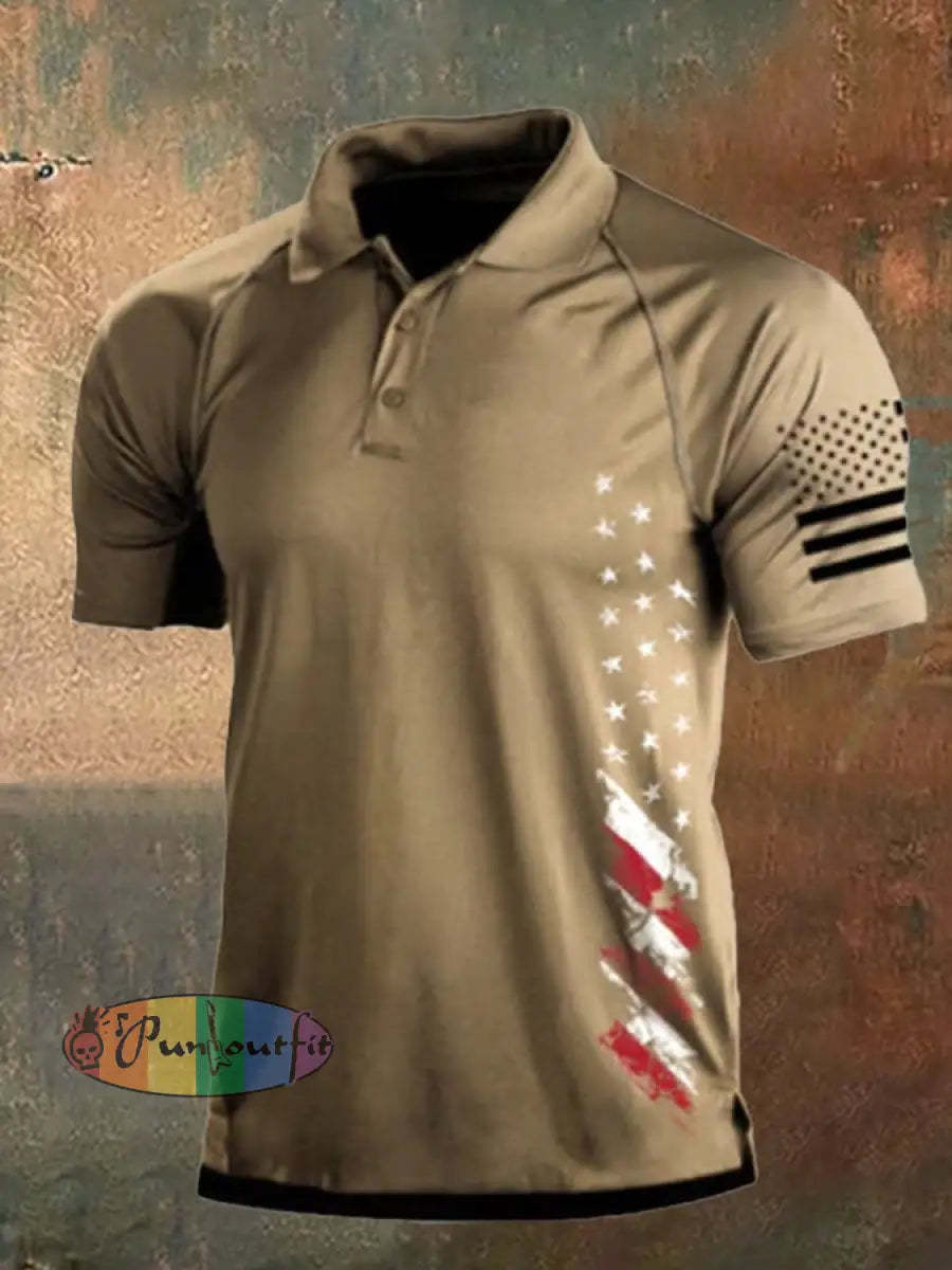 Men’s Vintage American Flag Independence Day Color Block Polo Shirt Khaki / S Polo