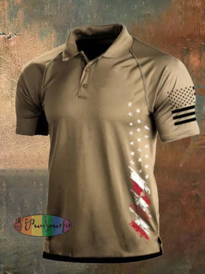 Men’s Vintage American Flag Independence Day Color Block Polo Shirt Khaki / S Polo
