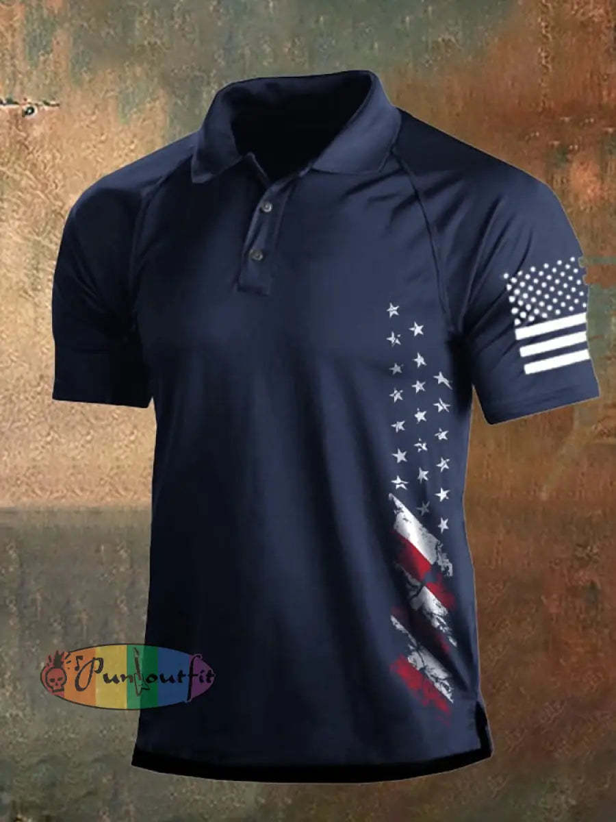 Men’s Vintage American Flag Independence Day Color Block Polo Shirt Navy / S Polo