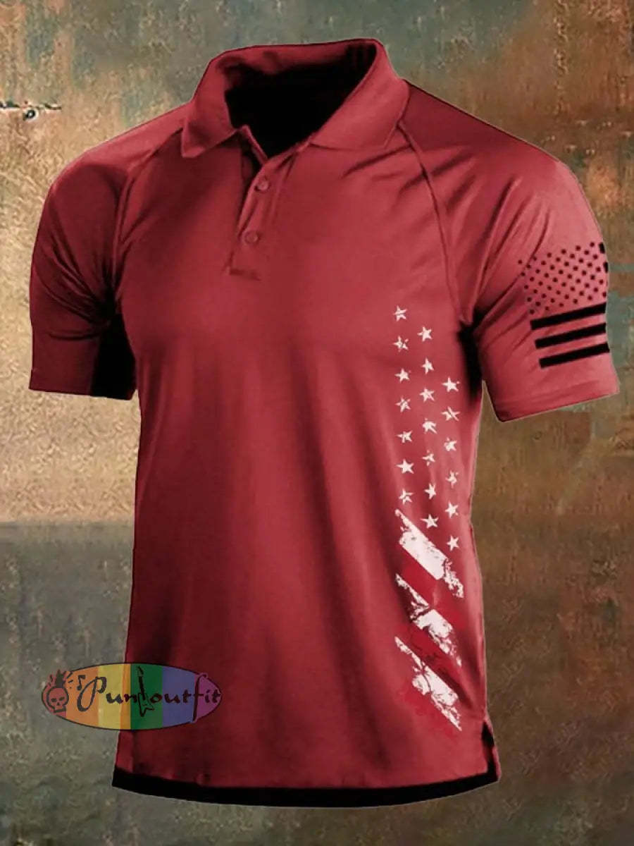 Men’s Vintage American Flag Independence Day Color Block Polo Shirt Red / S Polo