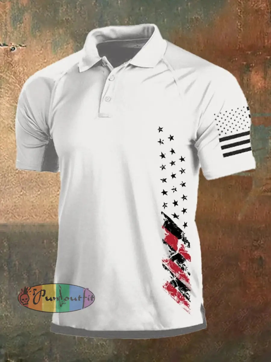 Men’s Vintage American Flag Independence Day Color Block Polo Shirt White / S Polo