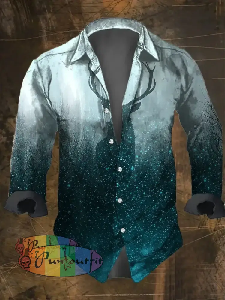 Men’s Vintage Blue Gradient Forest Deer Print Long Sleeve Shirt Multicolor / S