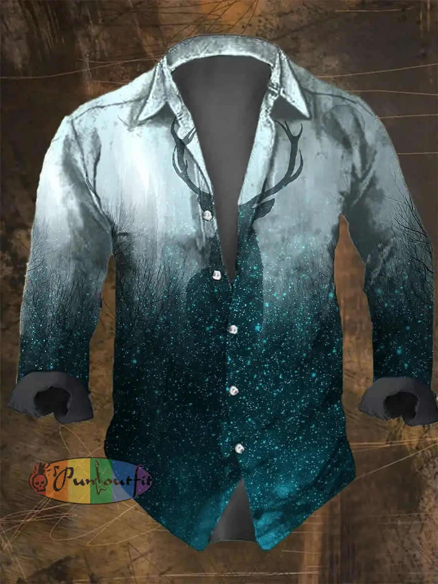 Men’s Vintage Blue Gradient Forest Deer Print Long Sleeve Shirt Multicolor / S